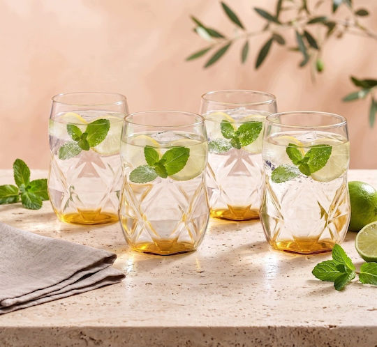Vialli Design Geo Σετ Ποτήρια Γυάλινα Κίτρινο 450ml 4τμχ