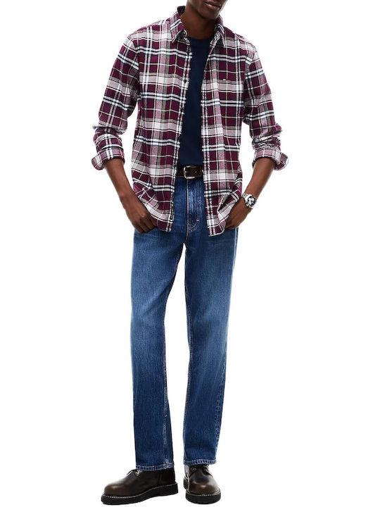 Long Sleeve Flannel Shirt in Regular Fit Burgundy Checked