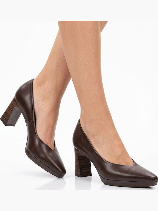 Leather Pointed-Toe Pumps with Chunky High Heel Brown