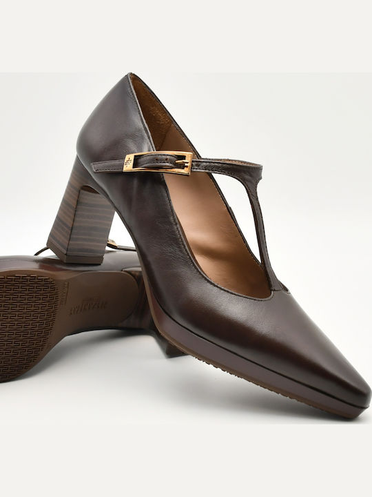 Brown Leather Pointed-Toe Pumps with Strap & Chunky High Heel