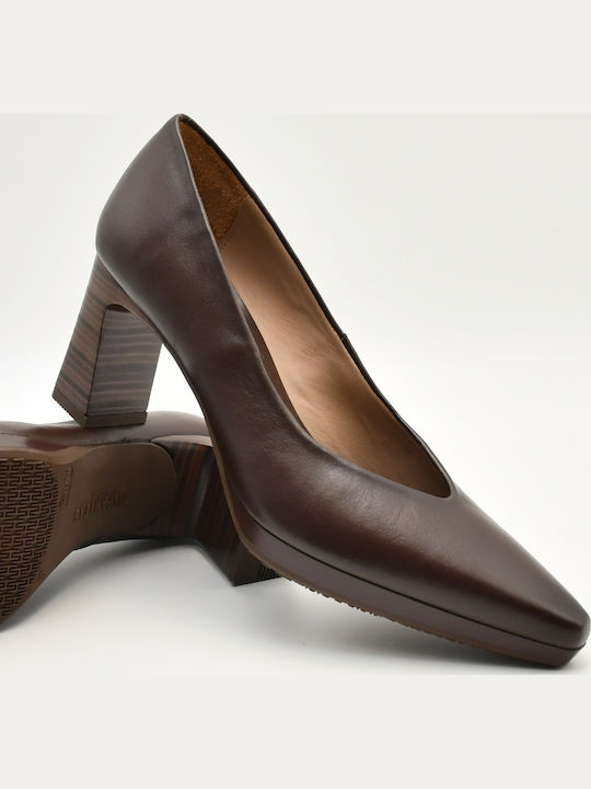 Leather Pointed-Toe Pumps with Chunky High Heel Brown