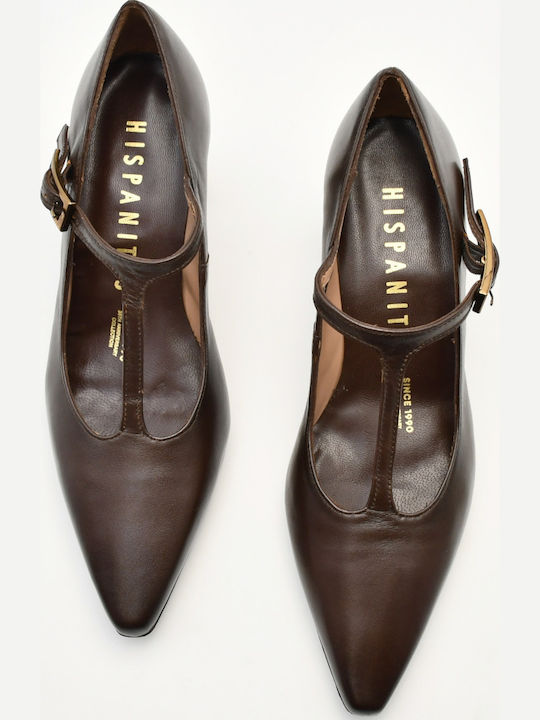 Brown Leather Pointed-Toe Pumps with Strap & Chunky High Heel