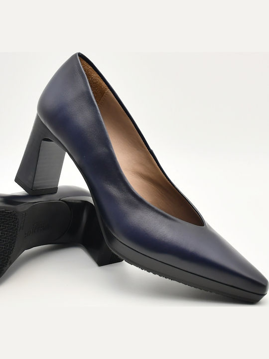 Blue Leather Pumps with Chunky High Heel