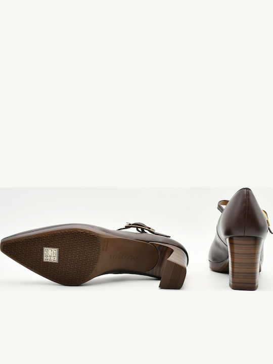 Brown Leather Pointed-Toe Pumps with Strap & Chunky High Heel