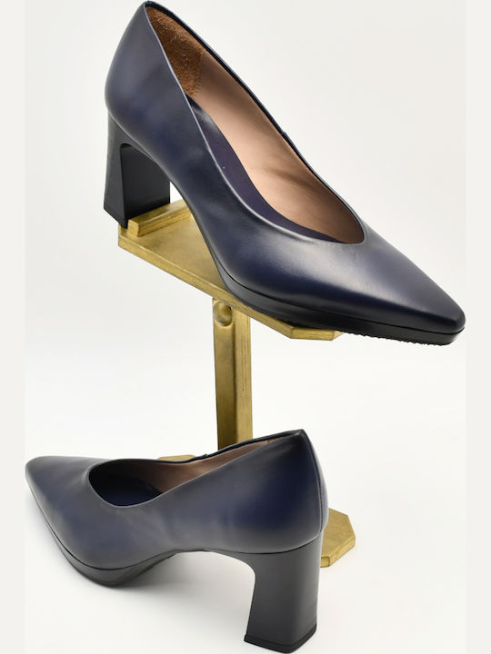 Blue Leather Pumps with Chunky High Heel