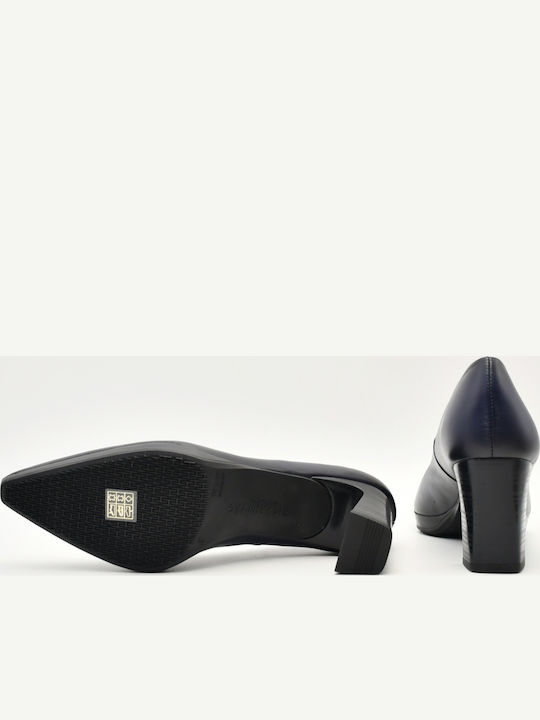 Blue Leather Pumps with Chunky High Heel