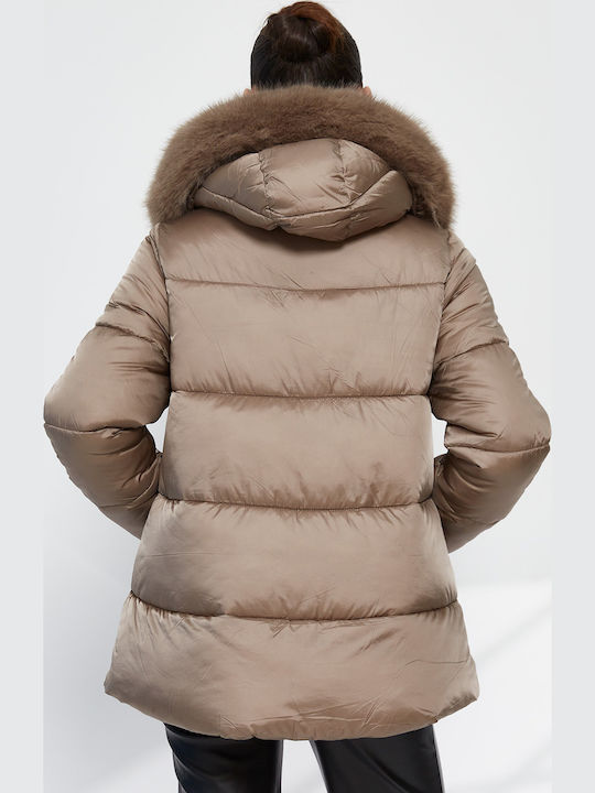 Μακρύ Γυναικείο Puffer Μπουφάν για Χειμώνα Μπεζ