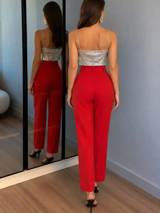 Damen Stoffhose mit Hohem Bund in Slim-Passform Rot