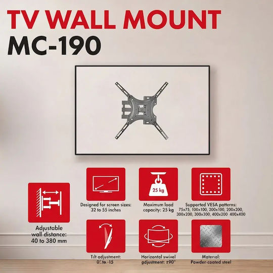 Maclean Energy MC-190 Стенна стойка за телевизор до 55" и 25kg Черна