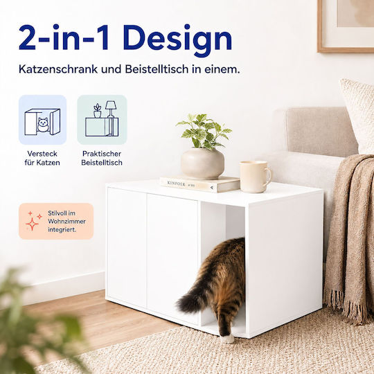 Relaxdays Шкаф за котешка тоалетна 10054272_49 с меламиново покритие, 2 врати с механизъм push-to-open без дръжки, страничен вход, вентилационни отвори, бял, 50 x 80 x 50 cm, максимална товароносимост 60 kg