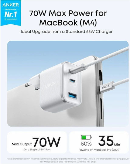 Anker Φορτιστής με Θύρα USB-A και 2 Θύρες USB-C και Καλώδιο USB-C - USB-C 70W Power Delivery Λευκός (Nano)