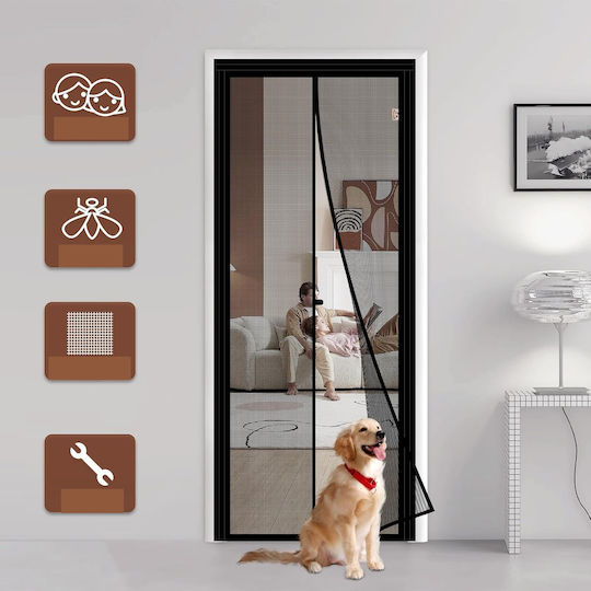 Pet Friendly Door Mosquito Net with Velcro and Magnetic Closure, Black Polyester, 206x102cm