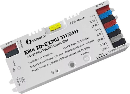 Gledopto Elite 2d-exmu Controler WLED Avansat – Controler LED RGBIC cu Două Canale, Microfon, USB‑C, ESP32, Wi‑Fi, Ethernet GL-C-616WL