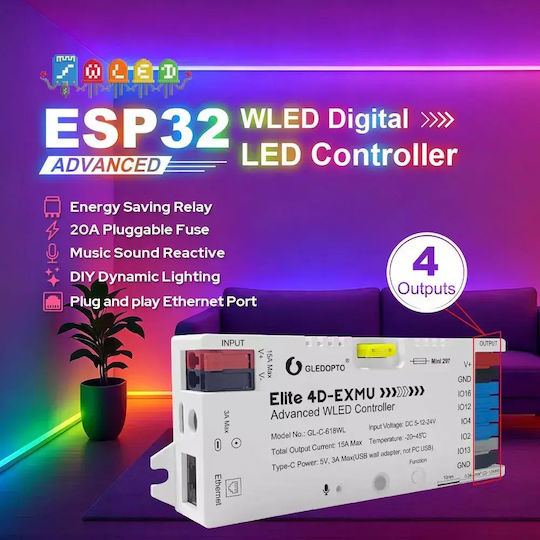 Gledopto Elite 4d-exmu Advanced WLED-Controller – Vierkanaliger RGBIC-LED-Controller mit Mikrofon, USB-C, ESP32, Wi-Fi und Ethernet GL-C-618WL