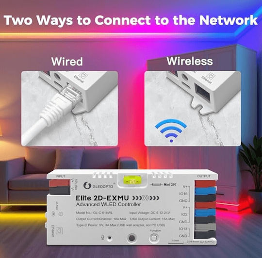 Gledopto Elite 2d-exmu Controler WLED Avansat – Controler LED RGBIC cu Două Canale, Microfon, USB‑C, ESP32, Wi‑Fi, Ethernet GL-C-616WL