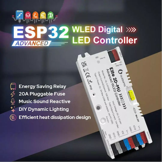 Gledopto Elite 2d-mu Controler WLED Avansat – Controler LED RGBIC cu Două Canale, Microfon, USB‑C, ESP32, Wi‑Fi GL-C-615WL