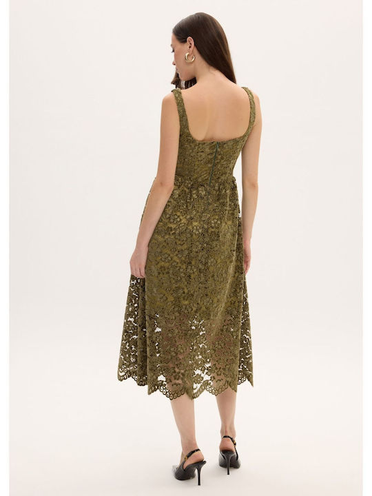 Rochie Midi pentru Nuntă / Botez cu Dantelă Kaki