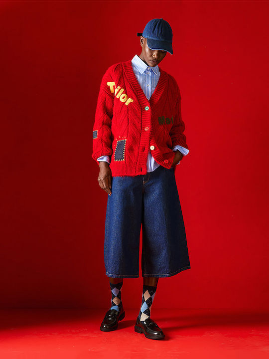 Long Women's Knitted Cardigan with Buttons Yellow-Red-Blue