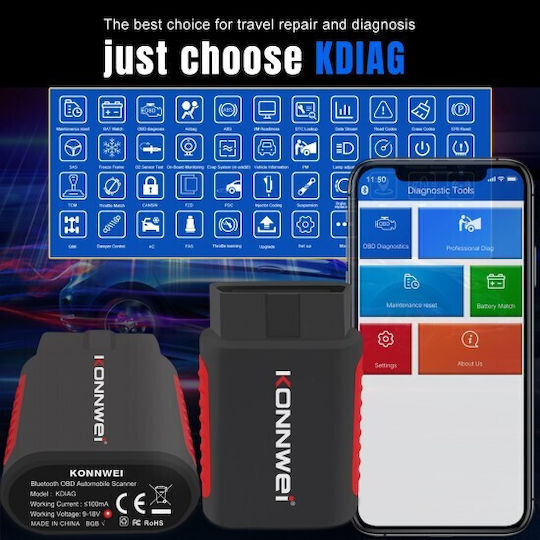 Konnwei Kdiag Διαγνωστικό Μηχανής Αυτοκινήτου Abs Srs Basic Bluetooth Obd 2