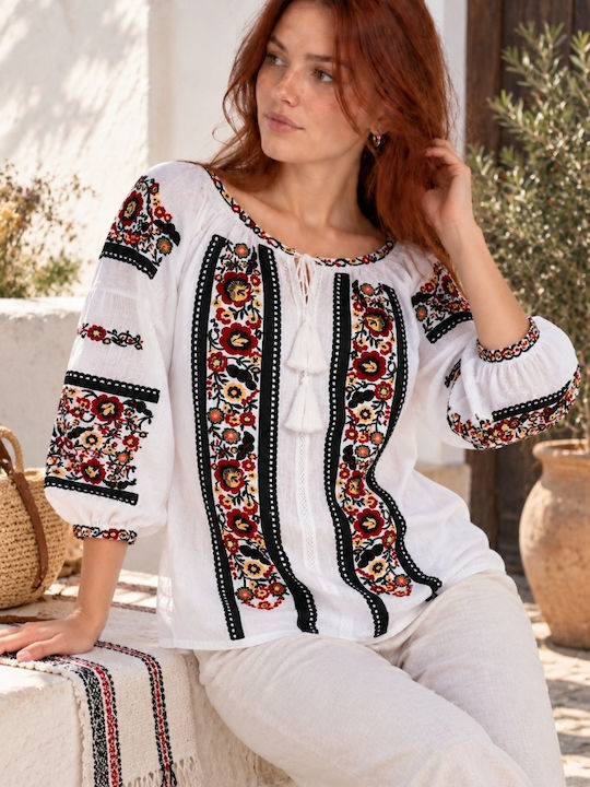 Bluză Damă din Bumbac White/Dark Black