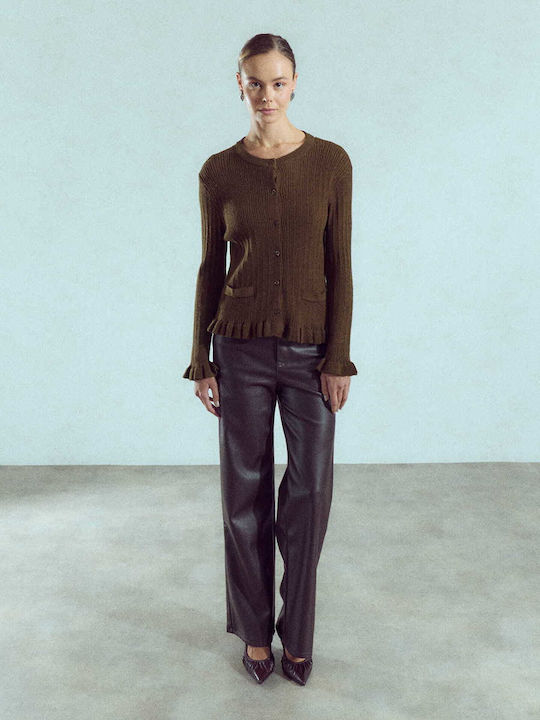 Celestino Women's Slim Fit Brown Ruffle Cardigan