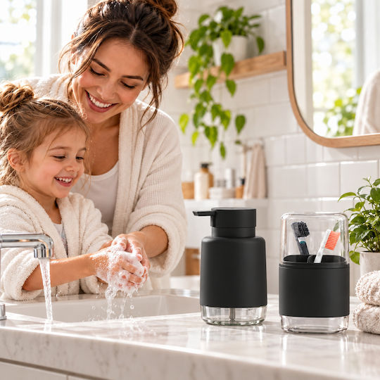 Femmit Bathroom Accessory Set 2 Pieces Liquid Soap Dispenser & Toothbrush Holder Black Minimalist