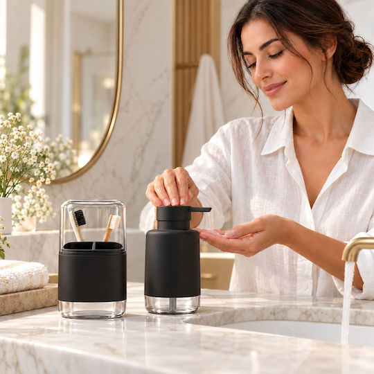 Femmit Bathroom Accessory Set 2 Pieces Liquid Soap Dispenser & Toothbrush Holder Black Minimalist