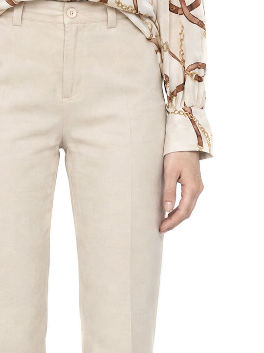 Women's Beige Fabric Trousers in a Straight Fit