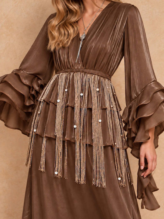 Maxi Βραδινό Φόρεμα Κρουαζέ με Βολάν Brown FW27-5085