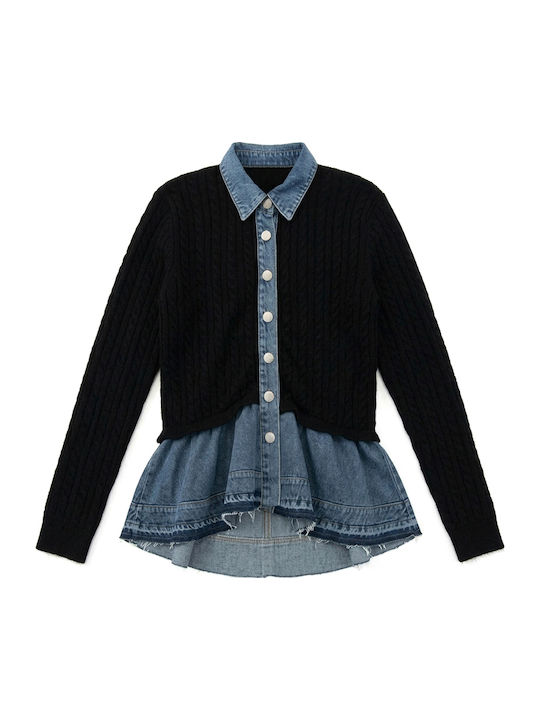 Women's Knitted Cardigan with Buttons Black-Blue