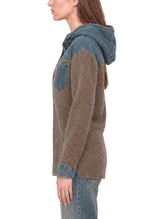 Long Women's Knitted Cardigan with Buttons Beige-Blue