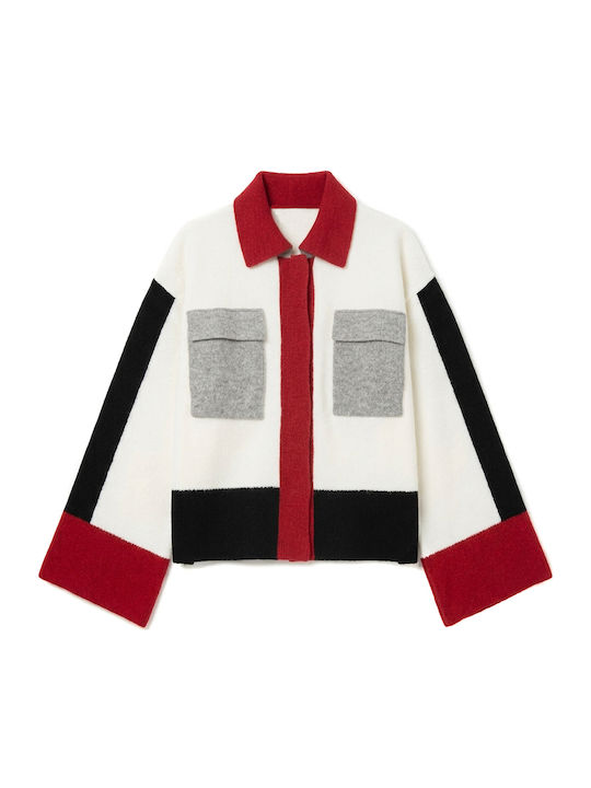 Women's Knitted Cardigan with Buttons Ecru- Red- Black