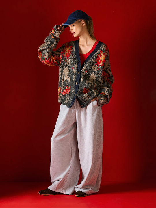Long Women's Knitted Cardigan with Buttons in Anthracite-Red-Blue