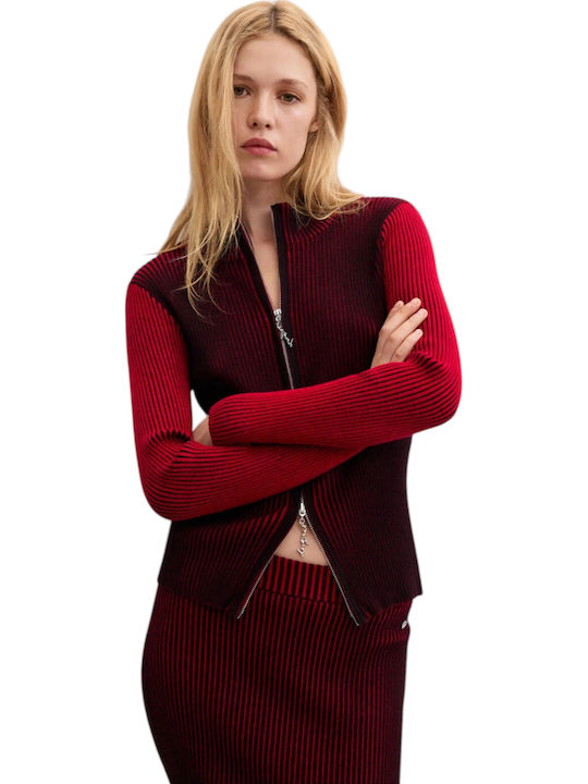 Women's Knitted Cardigan with Zipper Red
