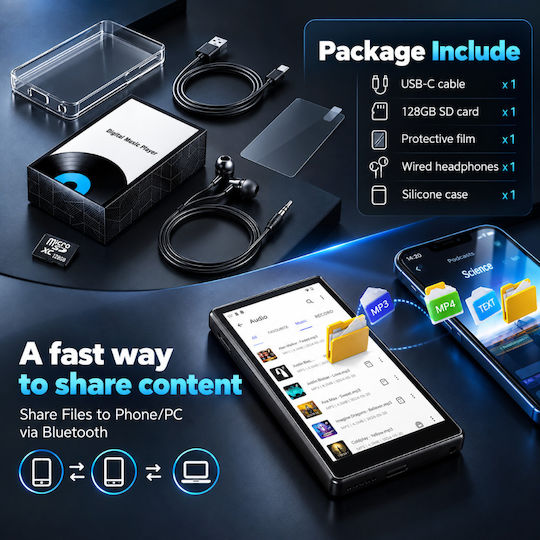 Mp3/mp4 Player Touchscreen 4.5" Display 160gb Memory Supports 1tb Sd Card Bluetooth 2000mah Battery Speaker Hi-fi Sound Fm Radio Usb-c Earphones Case Screen Protector Black