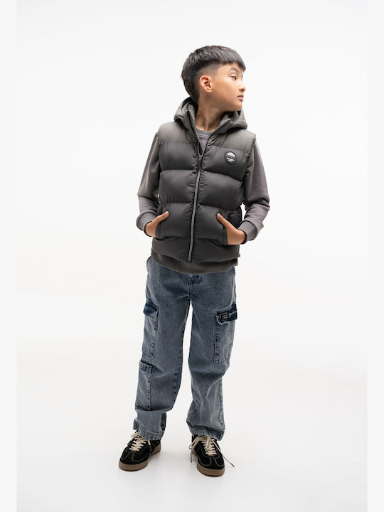 Kids’ Casual Sleeveless Short Hooded Jacket Grey
