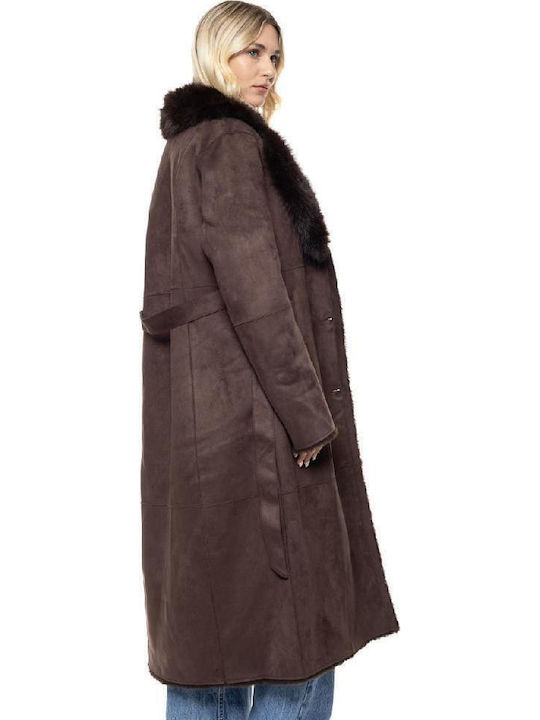 Women's Coat Brown with Fur Details