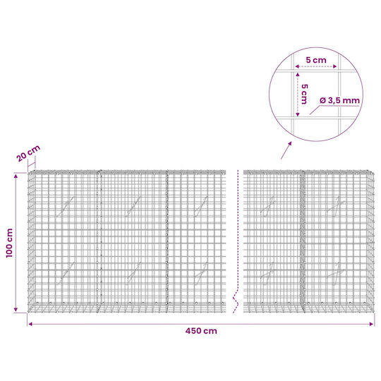 vidaXL Steel Gabion Basket for Garden Fence 5x5x100 cm Silver