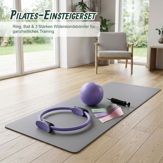 Set Pilates Relaxdays 10054388_51, 6 Piese, Inel Pilates Ø38 Cm, Minge Ø23 Cm, 3 Benzi de Rezistență 15, 25, 35 Lbs (6,8, 11,3, 15,8 Kg), Pompă, Ghid Ilustrat, Violet