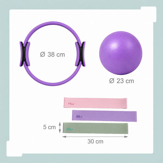 Set Pilates Relaxdays 10054388_51, 6 Piese, Inel Pilates Ø38 Cm, Minge Ø23 Cm, 3 Benzi de Rezistență 15, 25, 35 Lbs (6,8, 11,3, 15,8 Kg), Pompă, Ghid Ilustrat, Violet