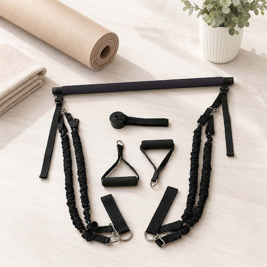 Set de Bară Pilates cu Benzi de Rezistență Relaxdays 10054325_46 4 Benzi 30–160 Lbs 2 × 30 Lbs 2 × 50 Lbs Bară de Asamblare de 110 Cm Curele Reglabile Mânere Ancoră pentru Ușă Geantă Neagră