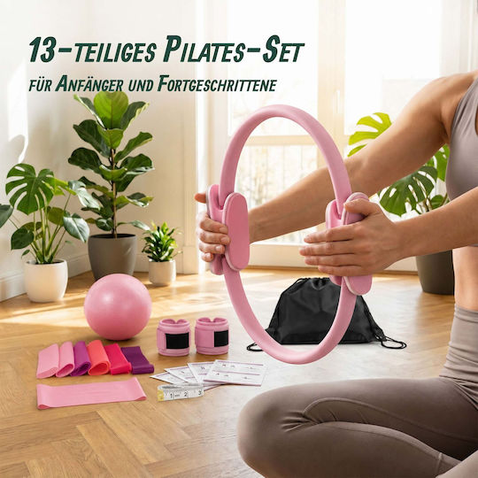 Set Pilates Relaxdays 10054389_52, 13 Piese: Inel Pilates Ø38 Cm, Minge Ø23 Cm, 5 Benzi de Rezistență Scurte + Bandă de Rezistență Lungă, Curele pentru Glezne, Pompă, Geantă, Ruletă, Roz și Negru