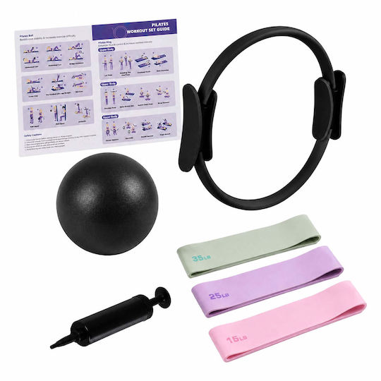 Set Pilates Relaxdays 10054388_46, 6 Piese: Inel de 38 Cm, Minge de 23 Cm, 3 Benzi de Rezistență de 15, 25 și 35 Lb (6,8, 11,3 și 15,8 Kg), Pompă și Ghid Ilustrat, Multicolor