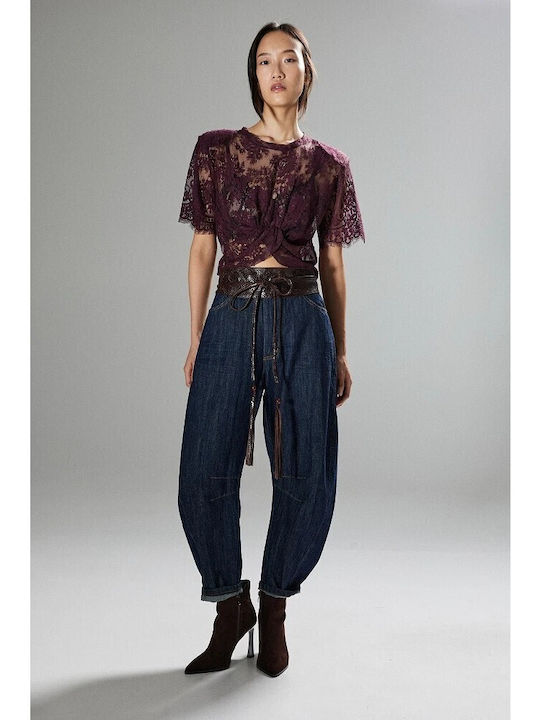 Women's Crop Top with Lace & Mesh Burgundy