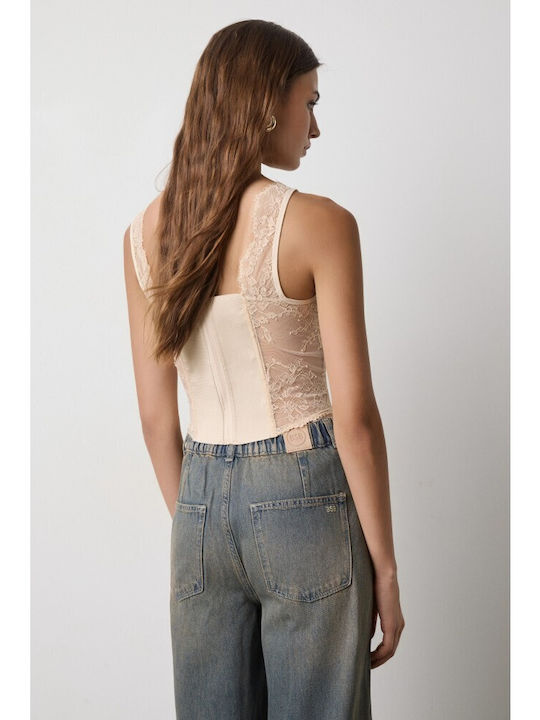 Γυναικείο Crop Top Αμάνικο με V Λαιμόκοψη Powder