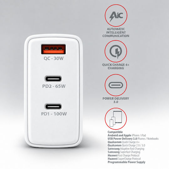 Axagon GaN-Ladegerät Ohne Kabel Mit USB-A-Anschluss Und 2 USB-C-Anschlüssen 100 W Power Delivery / Quick Charge 4+ Weiß (ACU-PQ100W)