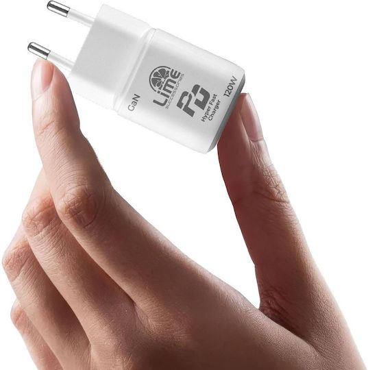 Lime Зарядно Устройство Без Кабел GaN с USB-A Порт и USB-C Порт 120 W Power Delivery / Quick Charge 2.0 / Quick Charge 3.0 Бяло (LDC120W)
