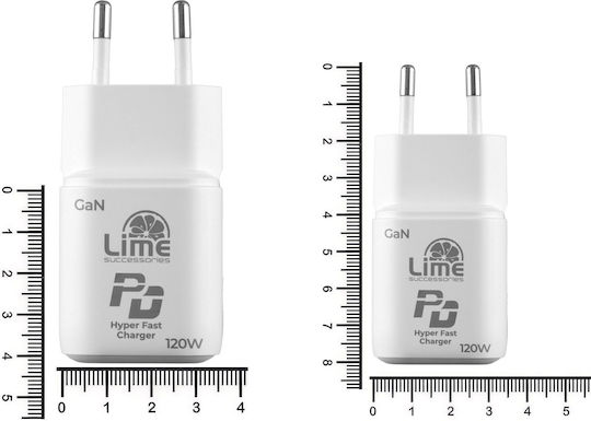 Lime Зарядно Устройство Без Кабел GaN с USB-A Порт и USB-C Порт 120 W Power Delivery / Quick Charge 2.0 / Quick Charge 3.0 Бяло (LDC120W)