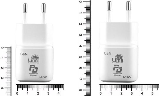 Lime Зарядно устройство без кабел GaN с USB-C порт 120 W Power Delivery / Quick Charge 2.0 / Quick Charge 3.0 бяло (LCC120W)