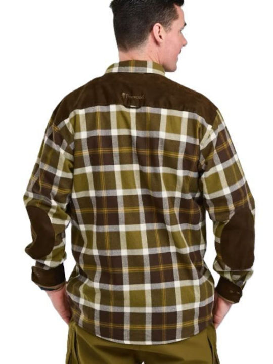 Long Sleeve Flannel Shirt in Slim Fit Olive Green/Cr. White